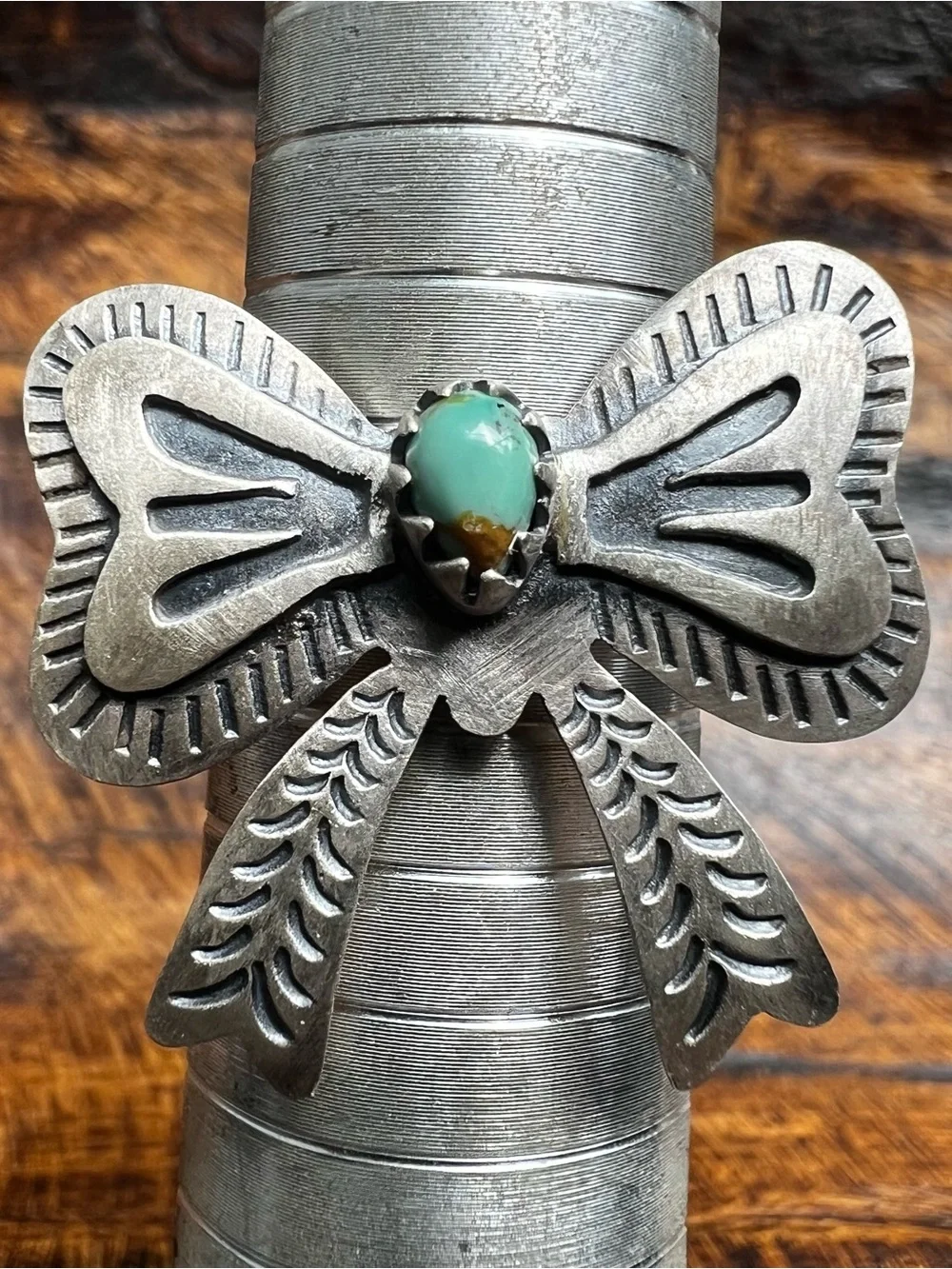 Sterling Silver Kingman Turquoise Bow Ring Size 9 Adjustable
